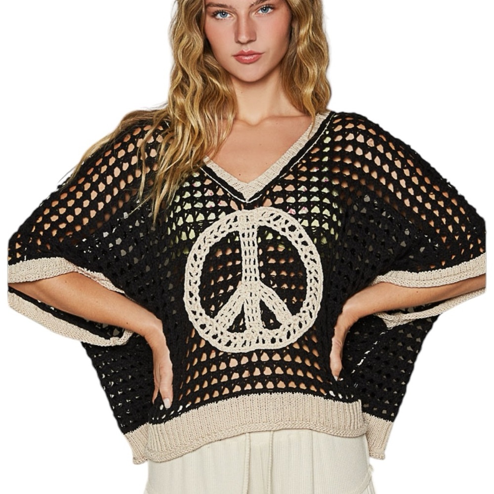 Black and Cream Crochet Peace Sign oversized top